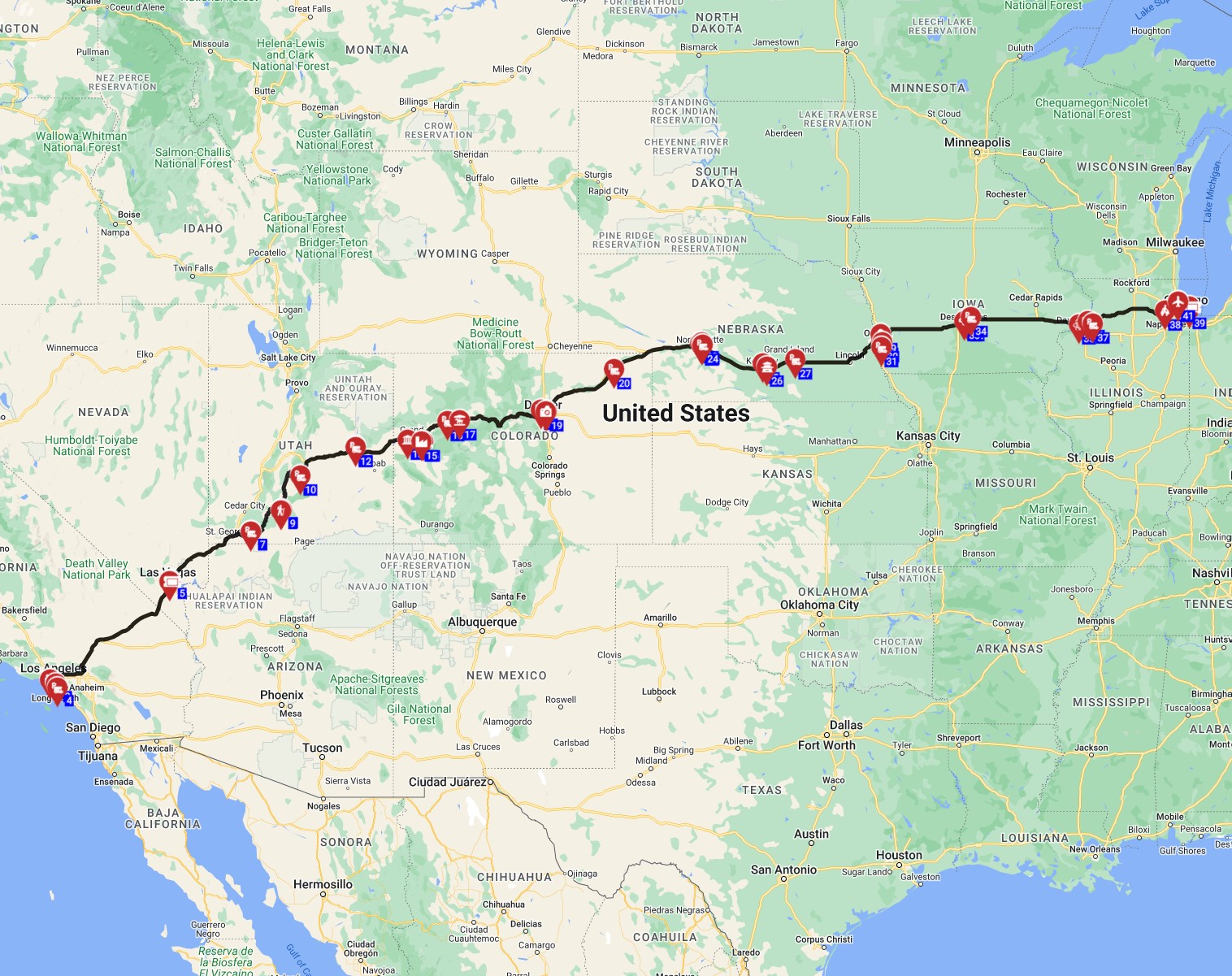Motorhome Road trip USA from Los Angeles to Chicago RV trip planner